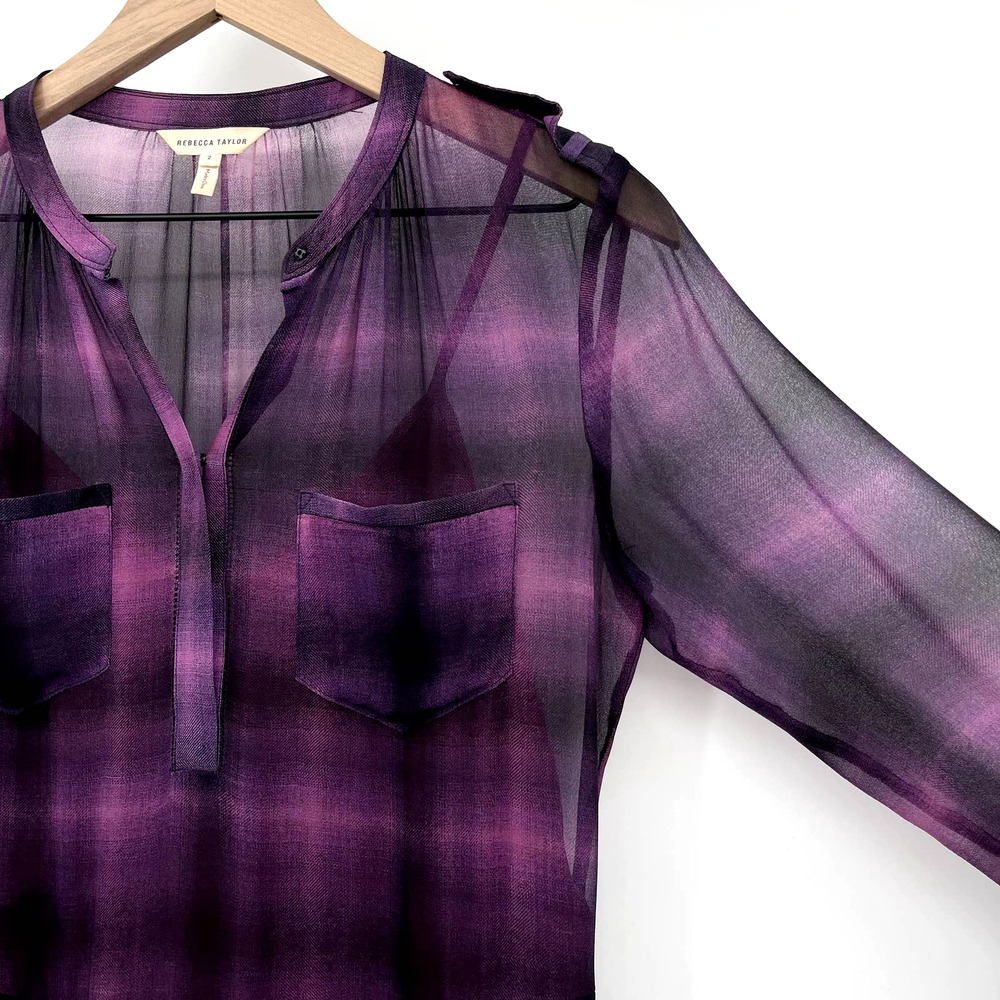 Rebecca Taylor Long Sleeve Plaid Ruffle Dress in Berry Size 2 Purple Black Sheer - Picture 12 of 16